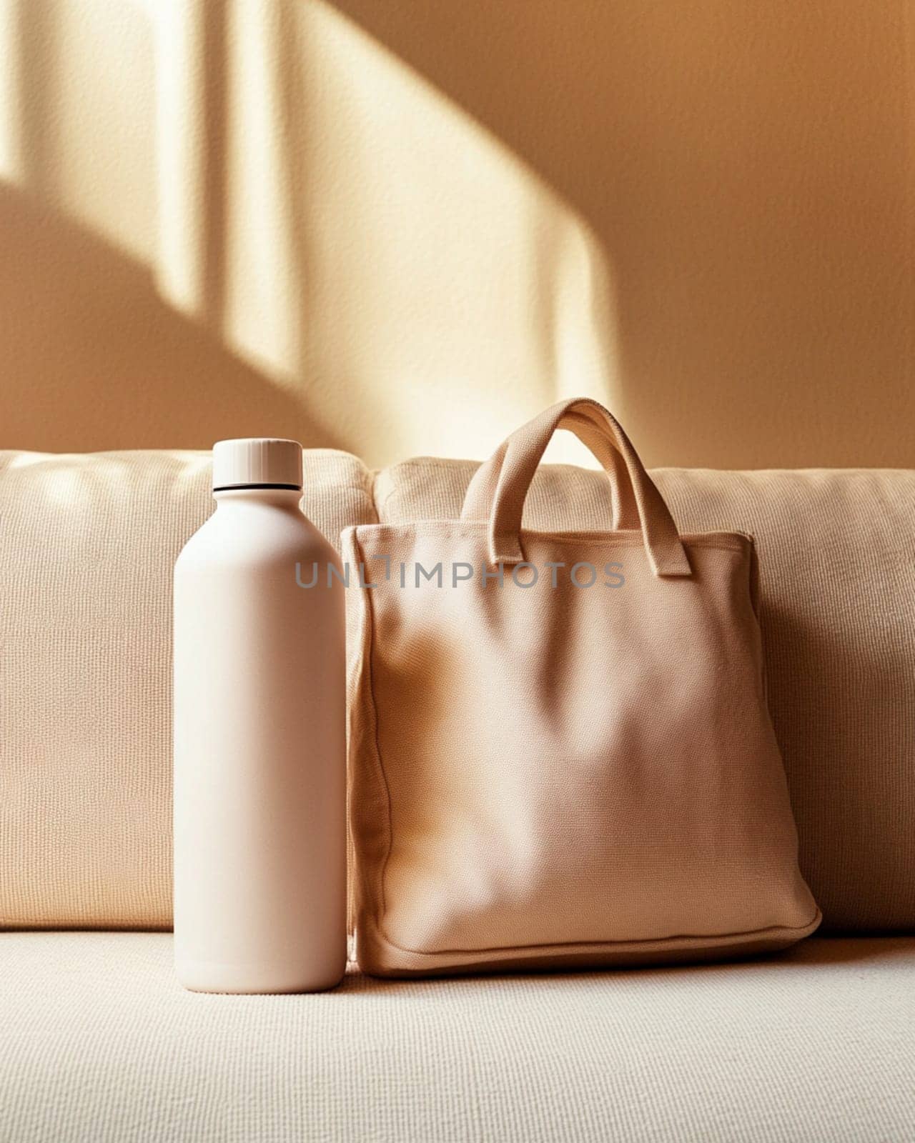 Modern reusable water bottle standing next to a tote bag on a sofa, promoting sustainability and a zero waste lifestyle