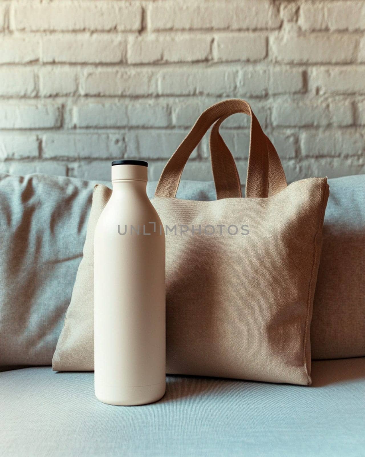 Modern reusable water bottle standing next to a tote bag on a sofa, promoting sustainability and a zero waste lifestyle
