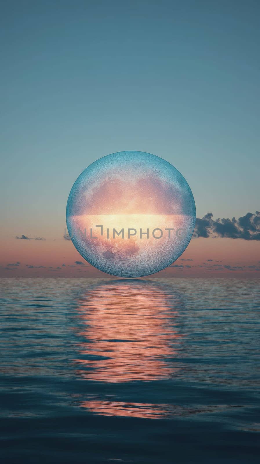 Surreal floating glass sphere over ocean during sunset.