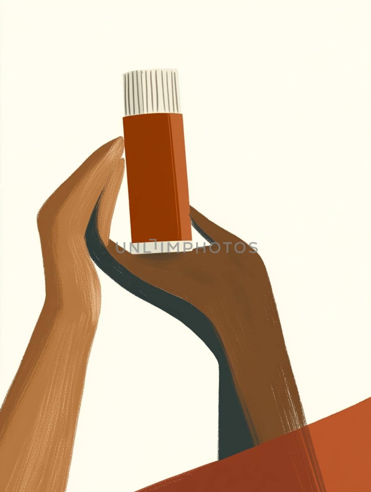 Delicate hands hold a luxurious brown cosmetic product against a white background, exuding simplicity and modernity. Trendy and stylish, perfect for skincare or makeup ads