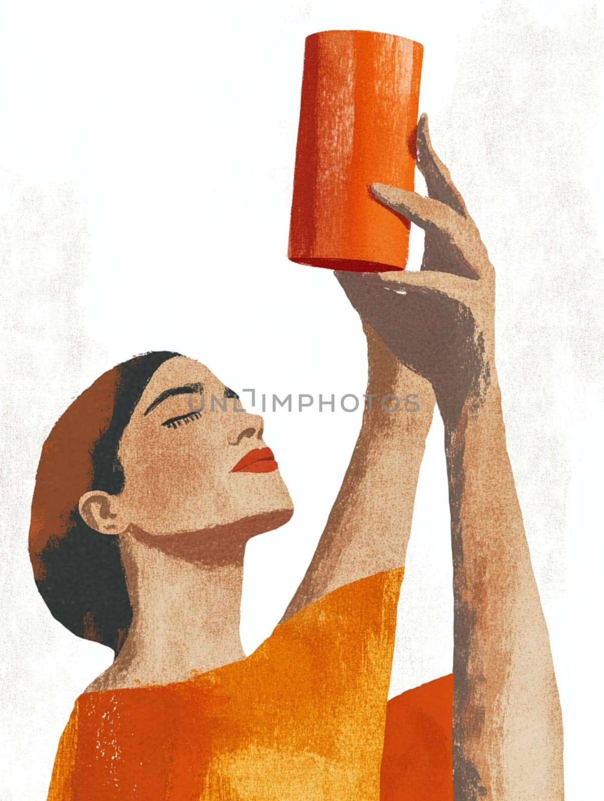 Woman with closed eyes and red lipstick is holding an orange cylinder above her head, her expression suggests she is deep in thought