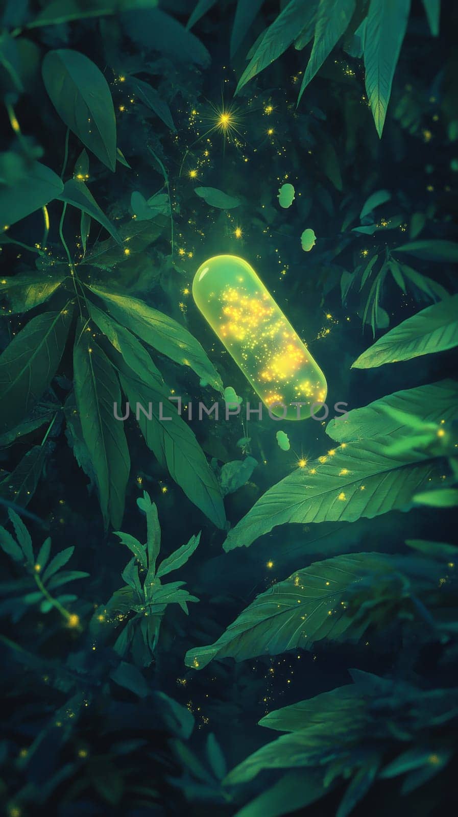 Glowing capsule amidst lush green leaves, magical atmosphere. Nature and fantasy concept.