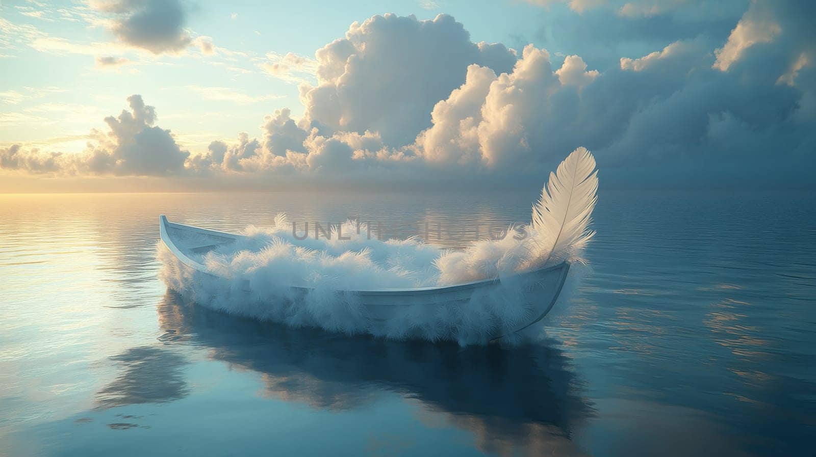 Boat filled with feathers floating on calm sea at sunrise, surreal art. Peaceful and dreamlike concept.