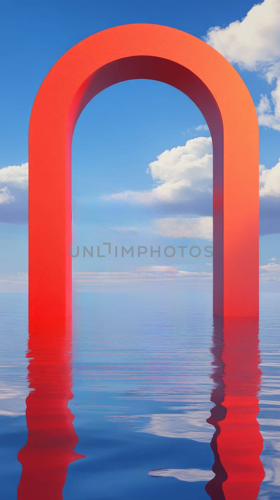 Red arch sculpture over water and blue sky.