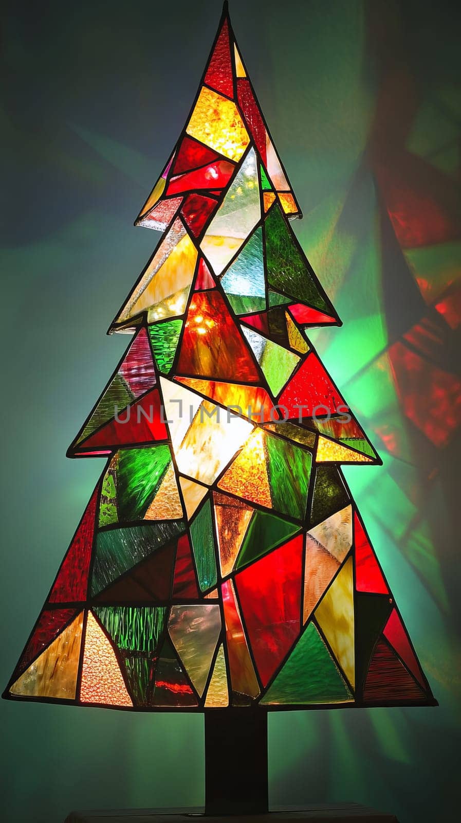 Stained glass Christmas tree with colorful lights, festive decoration concept.