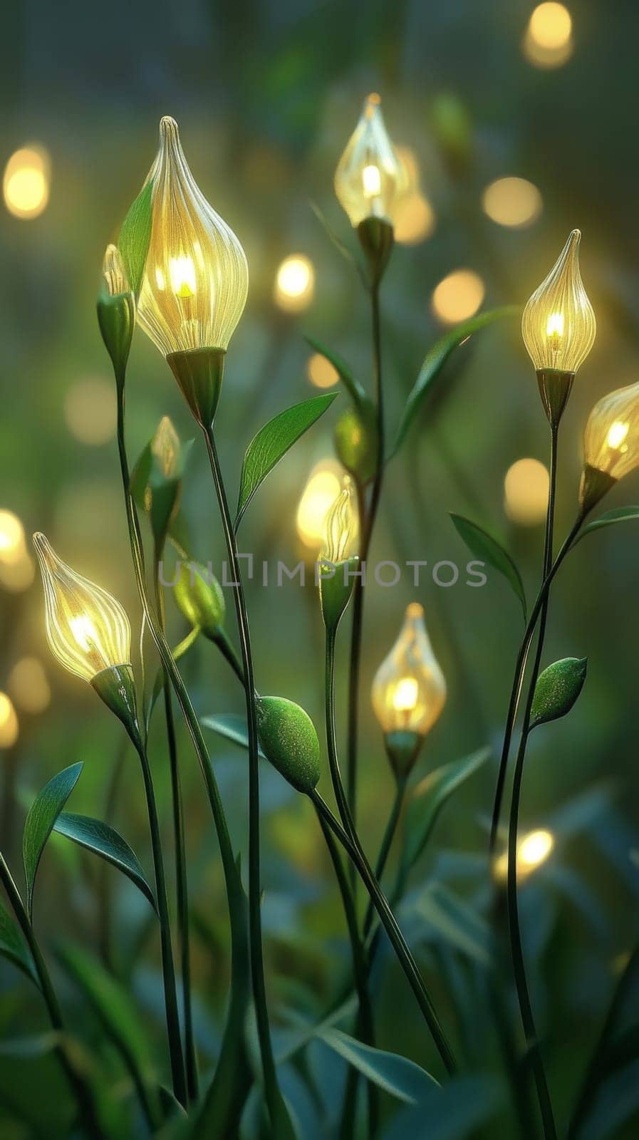Glowing flower buds in a mystical forest at night, enchanting nature concept.