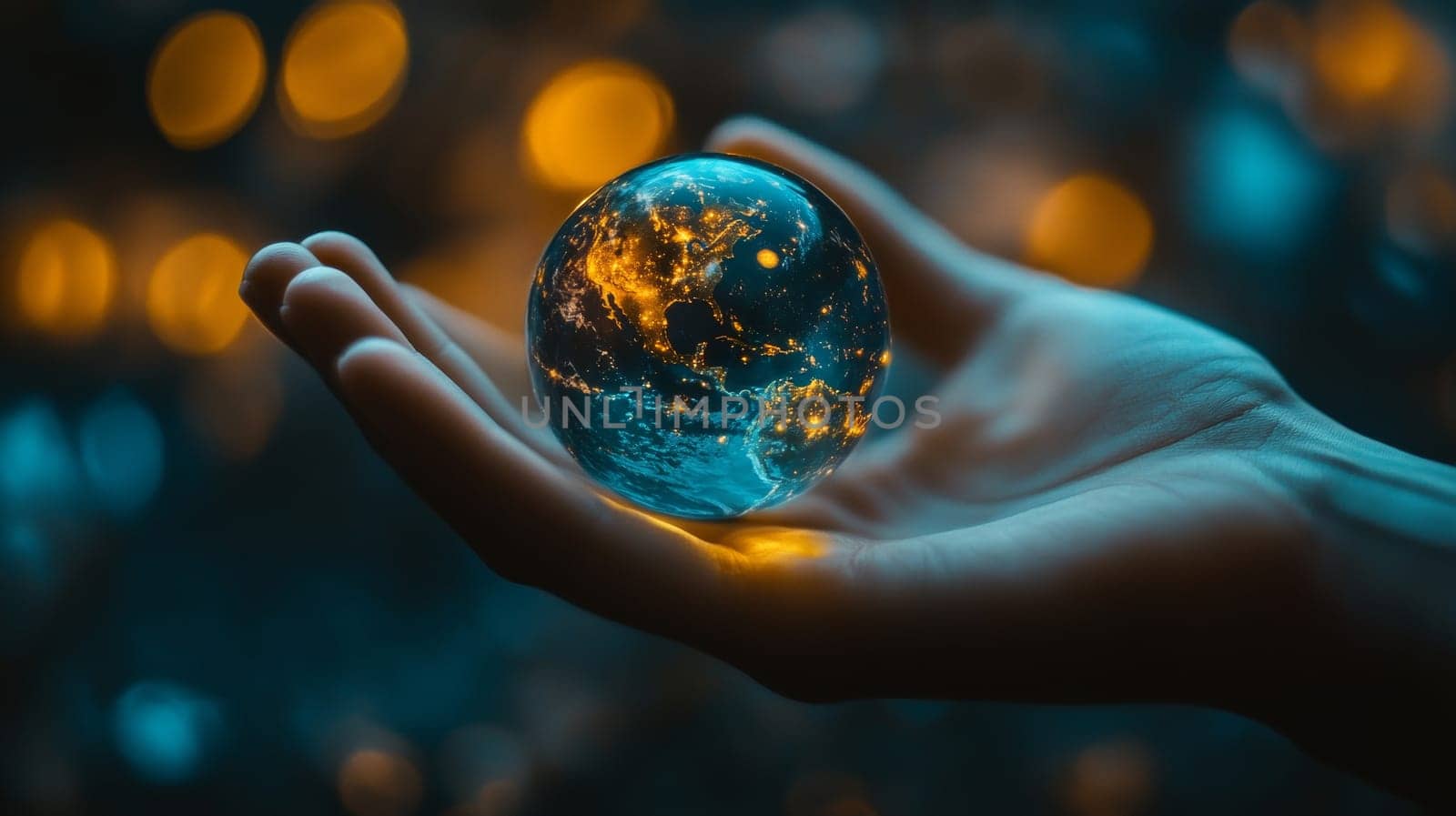 Hand holding glowing earth with city lights at night, futuristic concept.