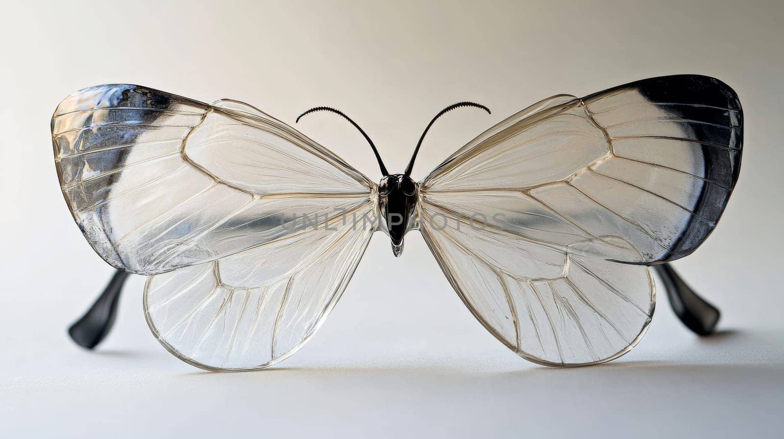 Transparent butterfly glasses with black-tipped wings on white background, nature and fragility concept.