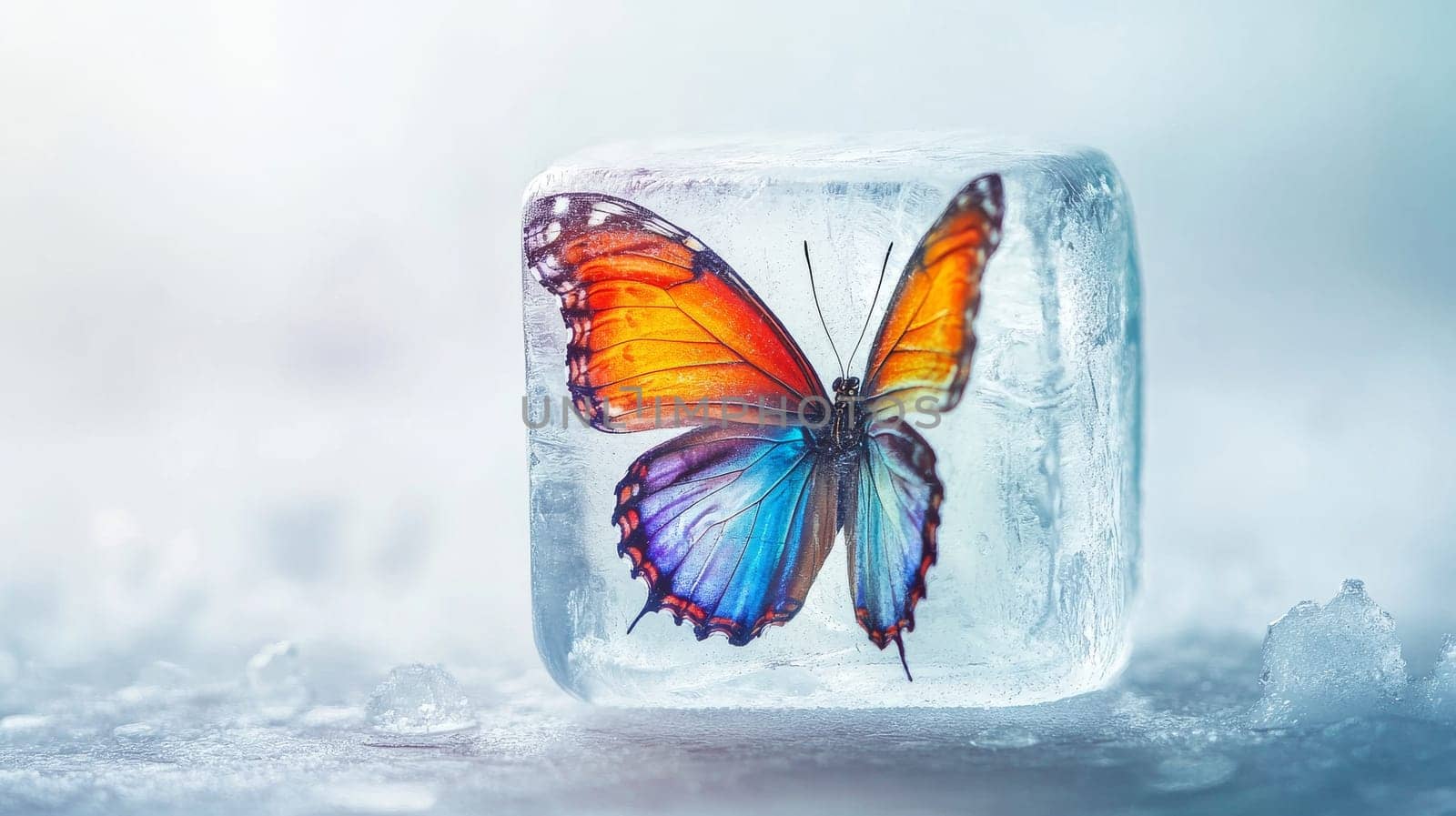 Butterfly encased in ice, vivid colors and contrast. Concept of frozen beauty and contrast in nature.