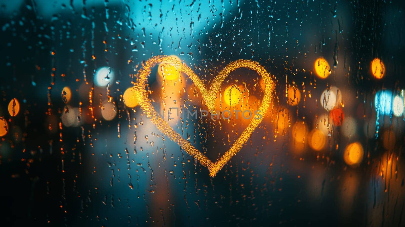 Heart shape drawn on rainy window with city lights in background, romantic mood. Love and longing concept.
