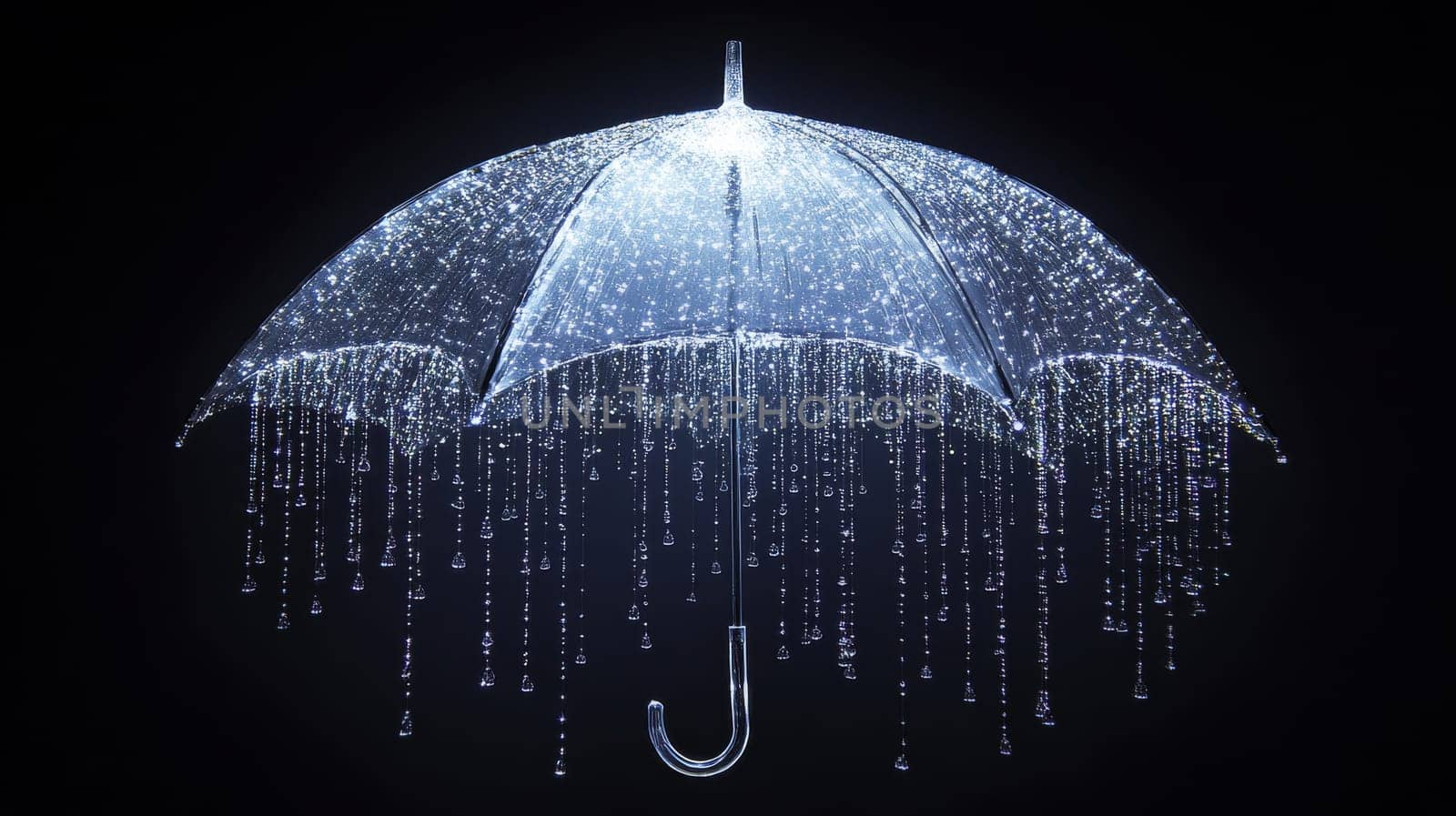 Illuminated umbrella with sparkling droplets on black background, creative art concept.