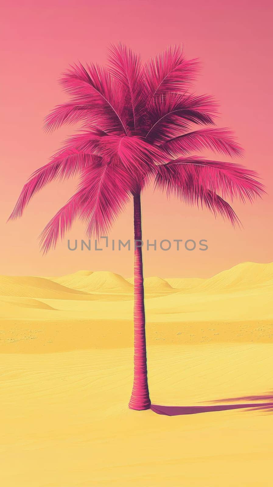 lone pink palm tree in desert with vibrant sky, surreal concept.