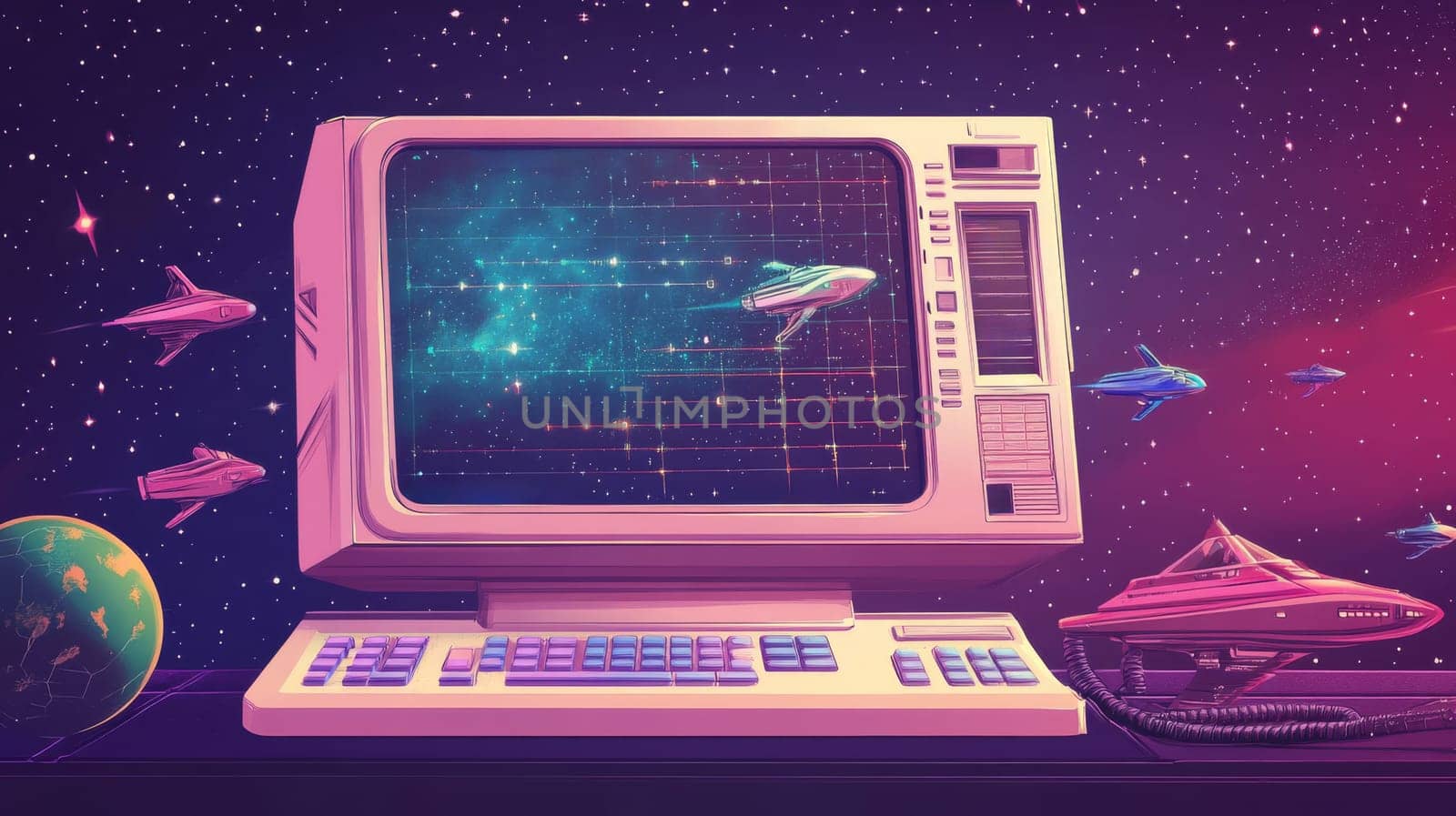 Retro computer with space theme, nostalgic sci-fi concept.