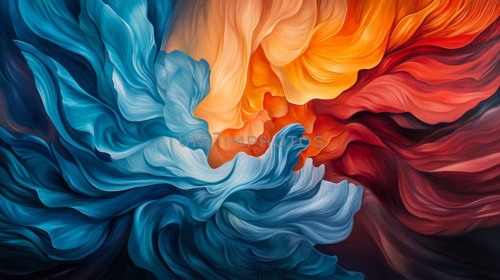 Colorful abstract fluid art with blue and orange swirls, dynamic movement. Artistic expression and creativity concept.