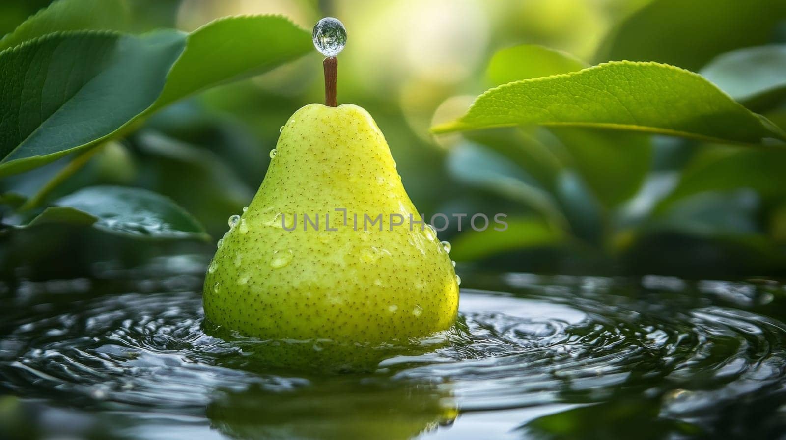 Pear with water droplet surrounded by leaves in nature, freshness and purity concept.