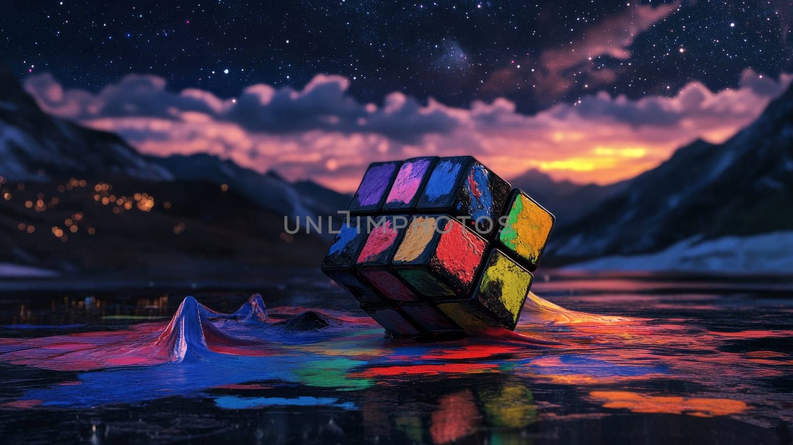 Rubik's cube melting on colorful icy surface with mountains and starry sky.
