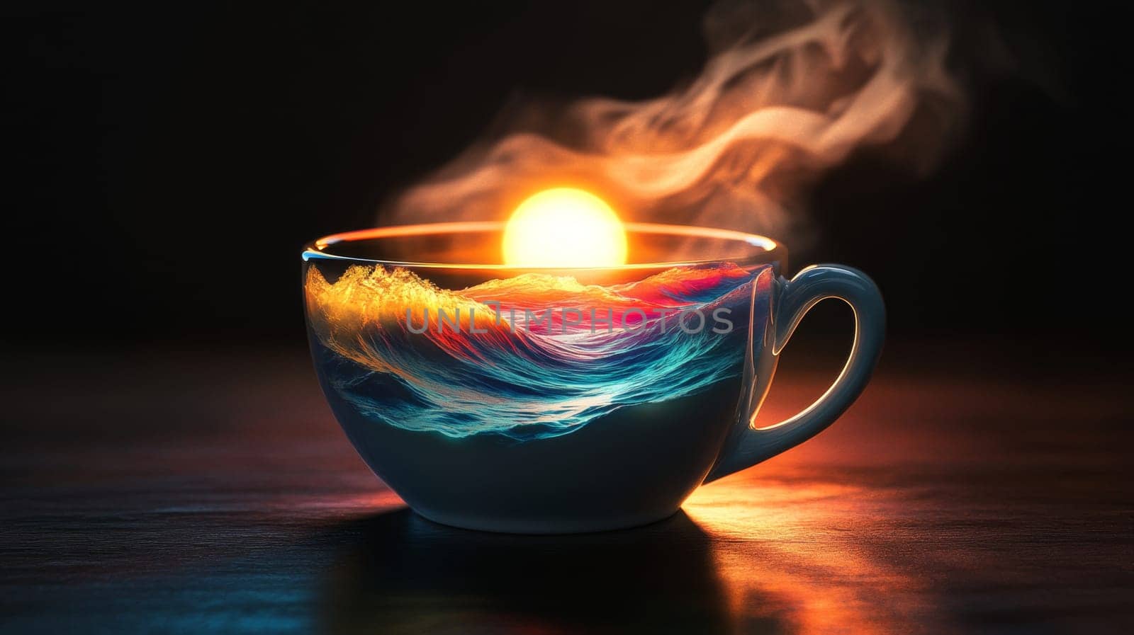 Cup with ocean waves and sunset, surreal art. Creative imagination and tranquility concept.