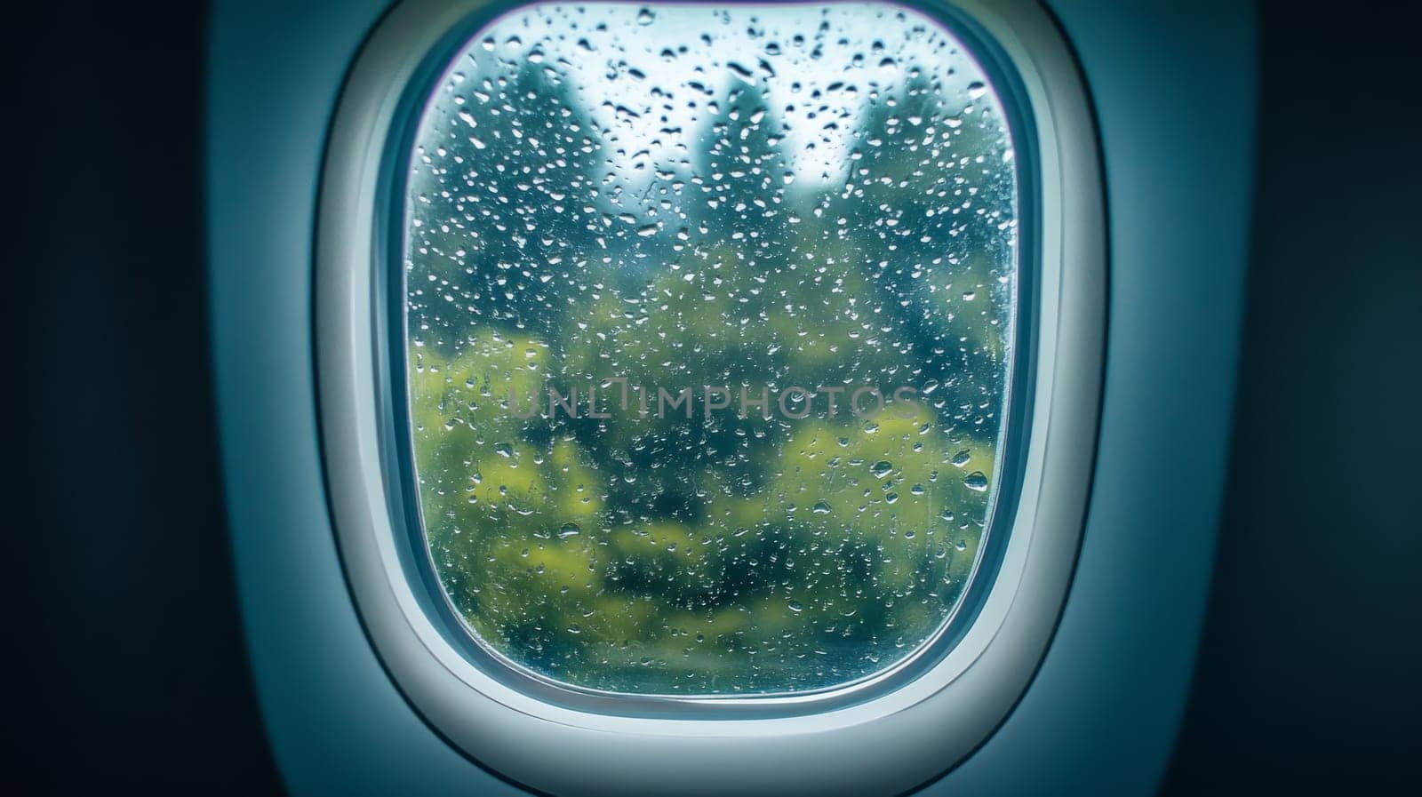 Raindrops on airplane window with blurred landscape view.