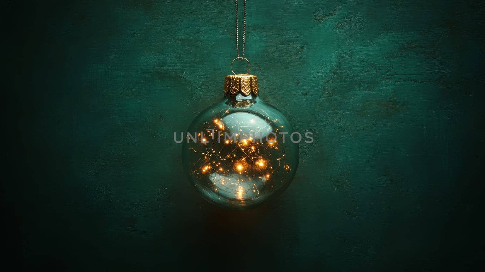 Christmas ornament with glowing lights against a green background. Holiday decoration and festive concept.