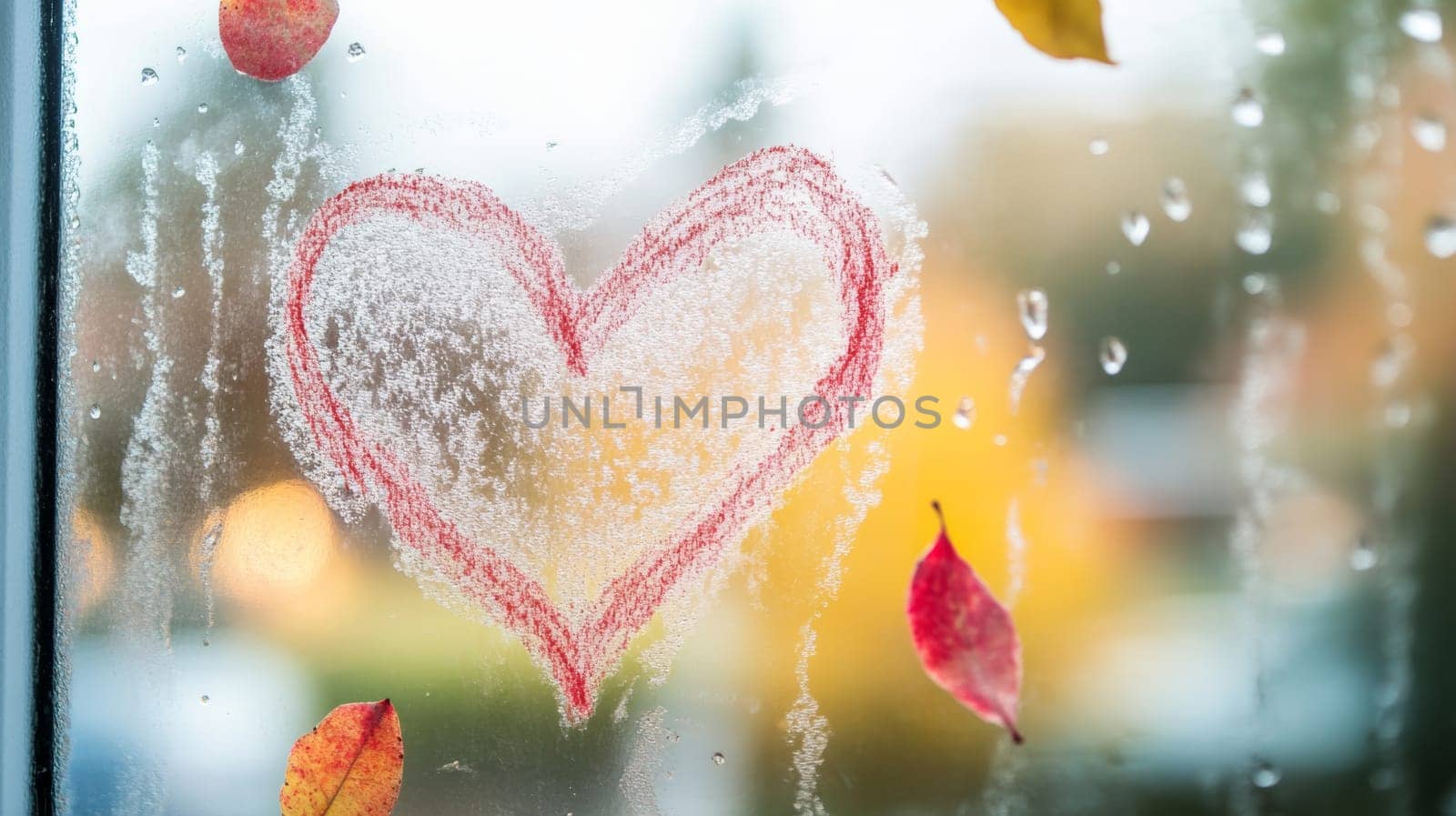 Heart drawn on a foggy window with autumn leaves, romantic concept.