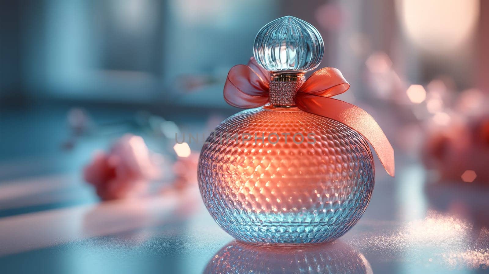 Elegant perfume bottle with ribbon in soft light, romantic fragrance concept.