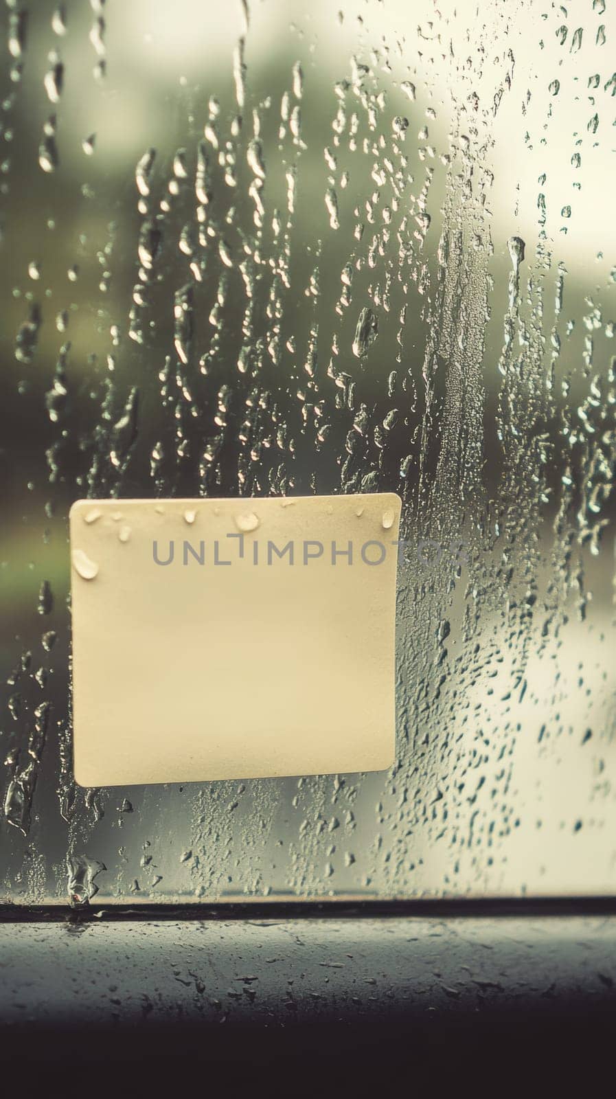 Raindrops on glass with blank sticky note, serene mood. Reflection and contemplation concept.