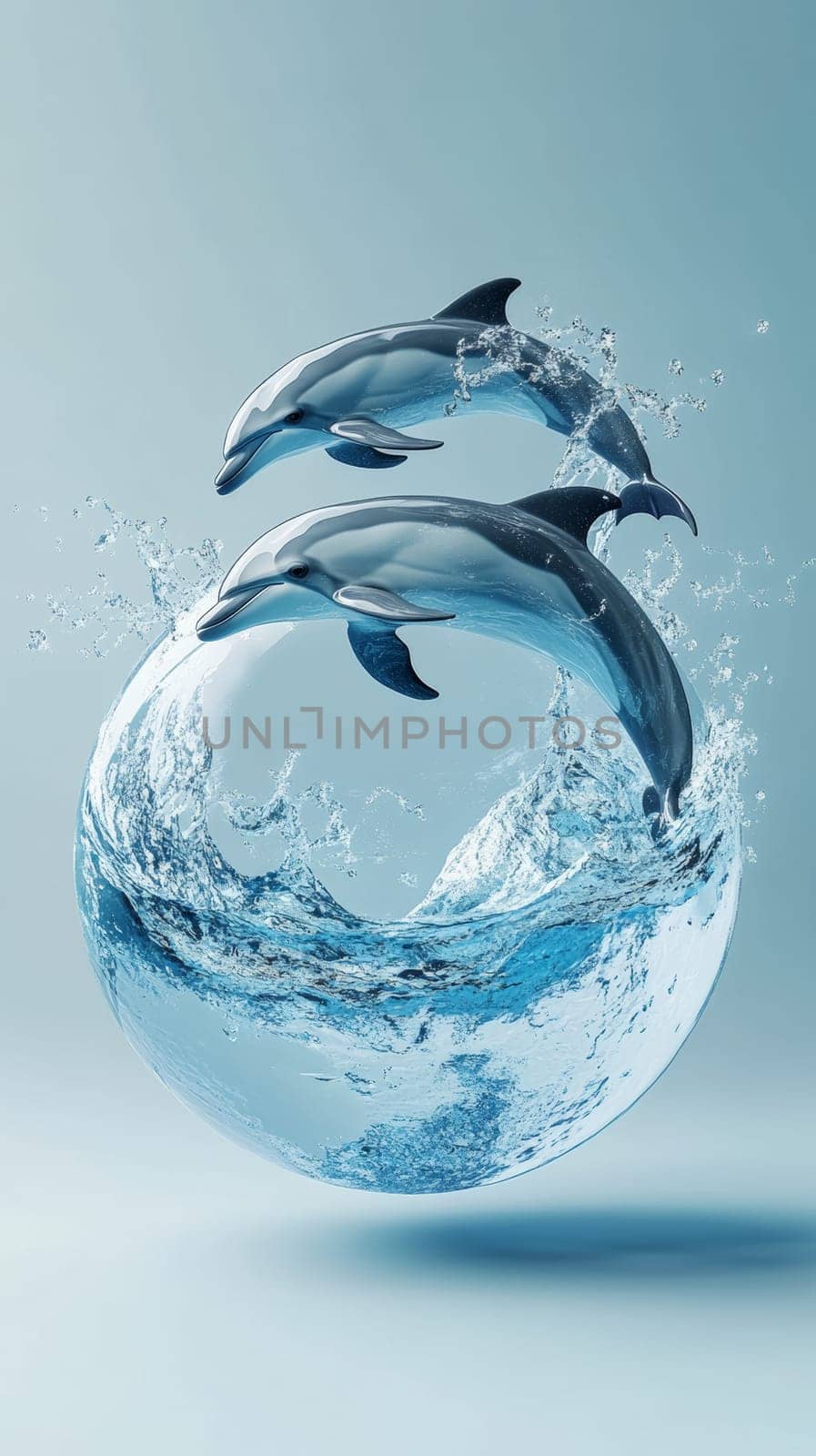 Two dolphins leaping through water sphere, dynamic aquatic scene. Wildlife and marine life concept.