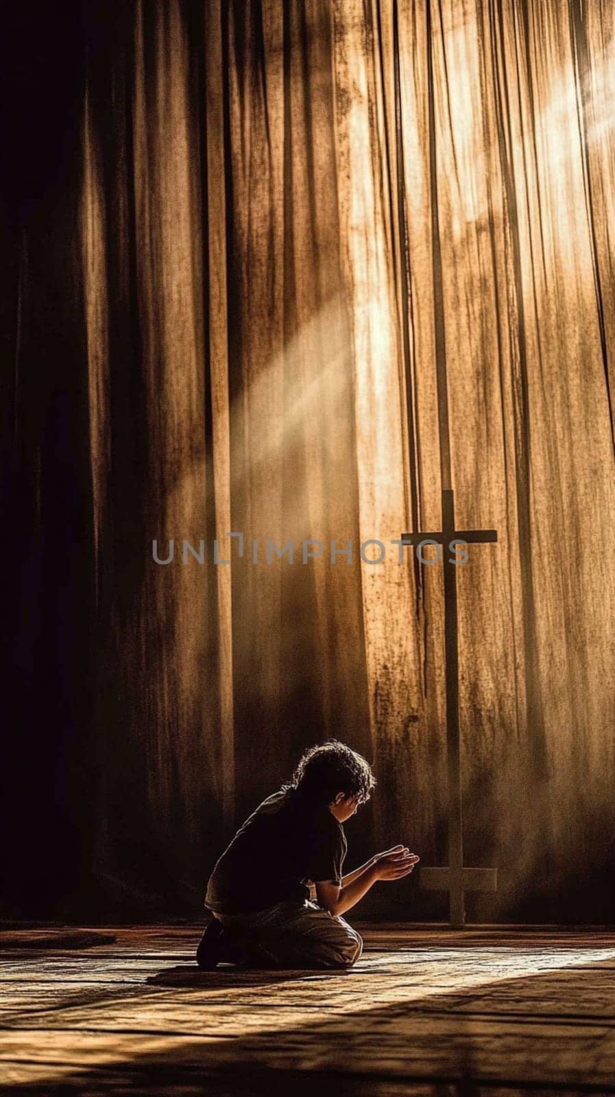 Young man kneels in prayer before a cross on a wooden floor, bathed in a dramatic light beam, evoking hope and spirituality