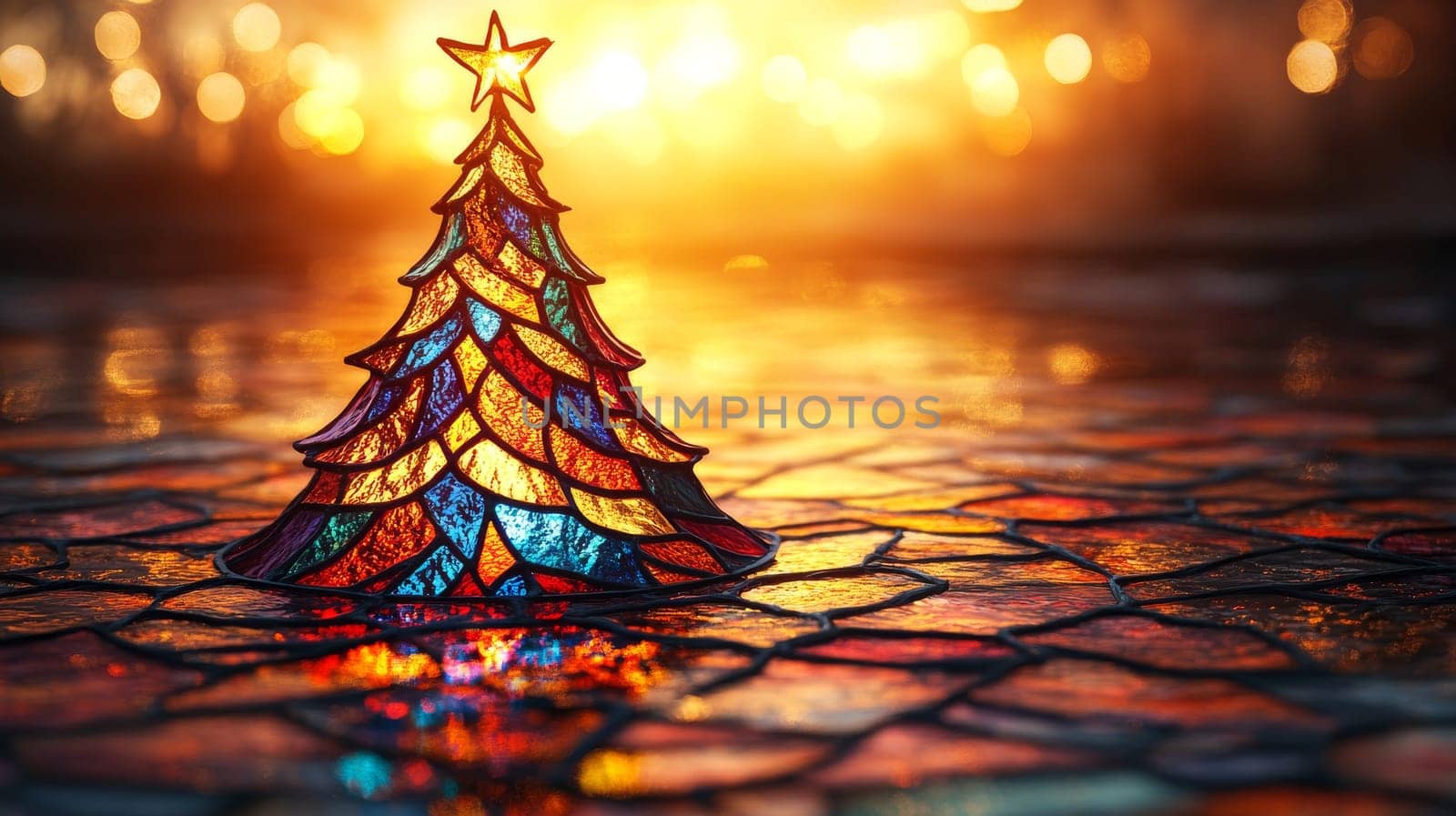Stained glass Christmas tree on mosaic floor at sunset, festive decor concept.