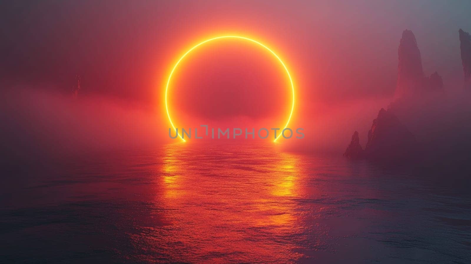 Mysterious glowing circle over misty ocean landscape, surreal and atmospheric concept.