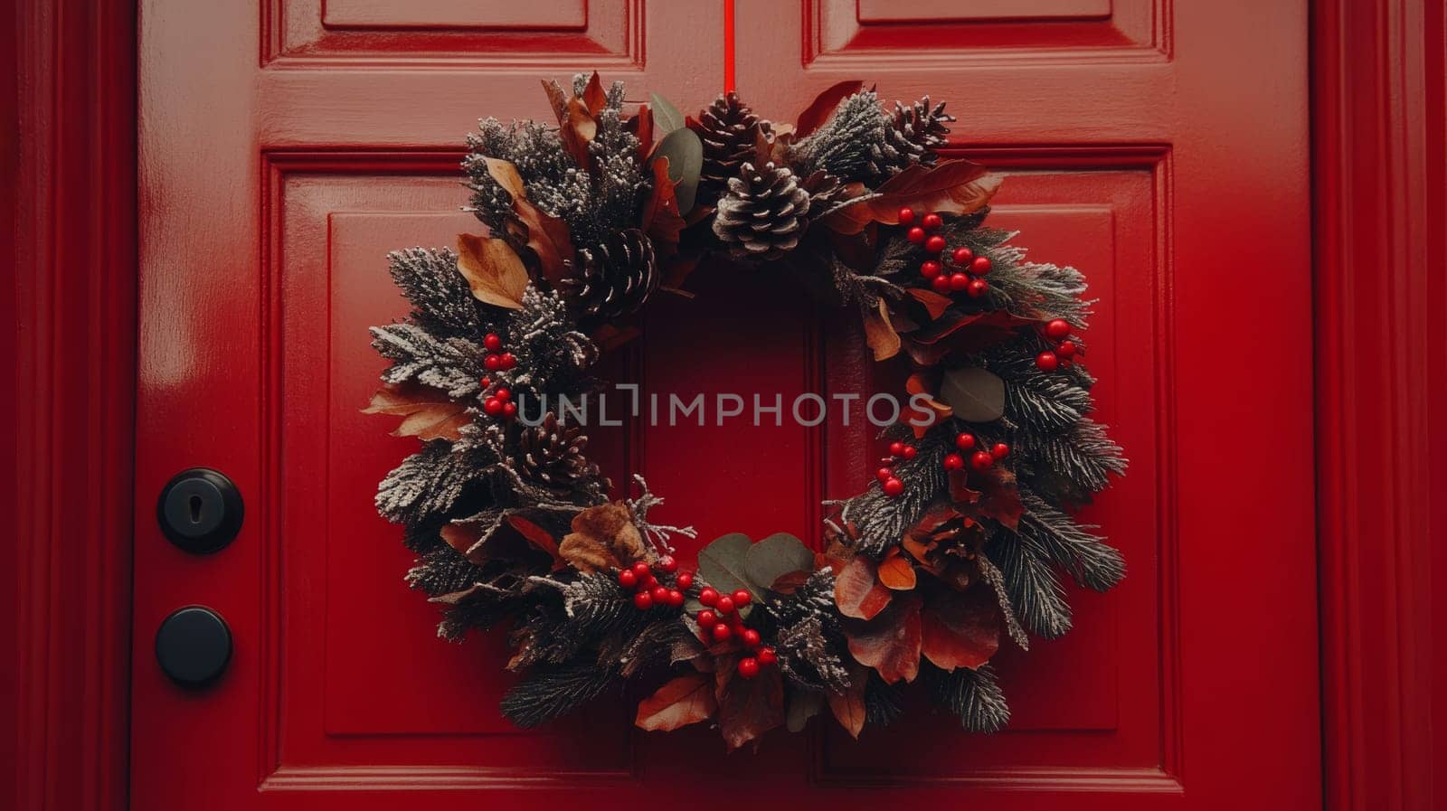 Christmas wreath on red door, holiday decoration. Festive home decor concept.