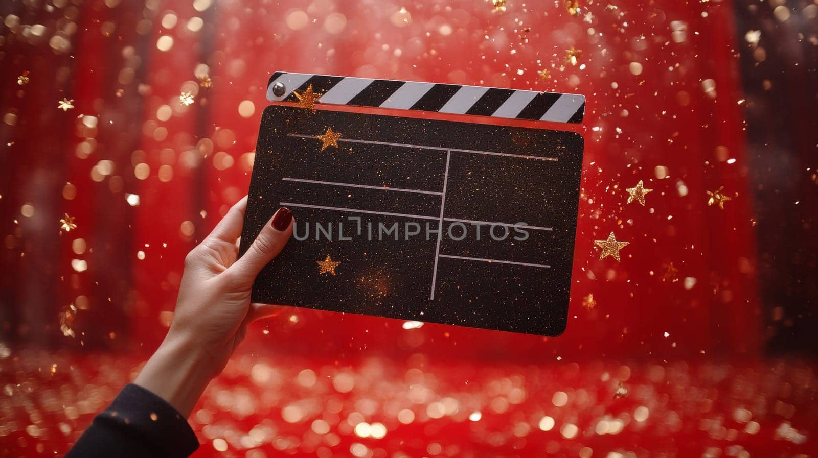 Film clapperboard with red glittering background, festive atmosphere. Cinema and celebration concept.