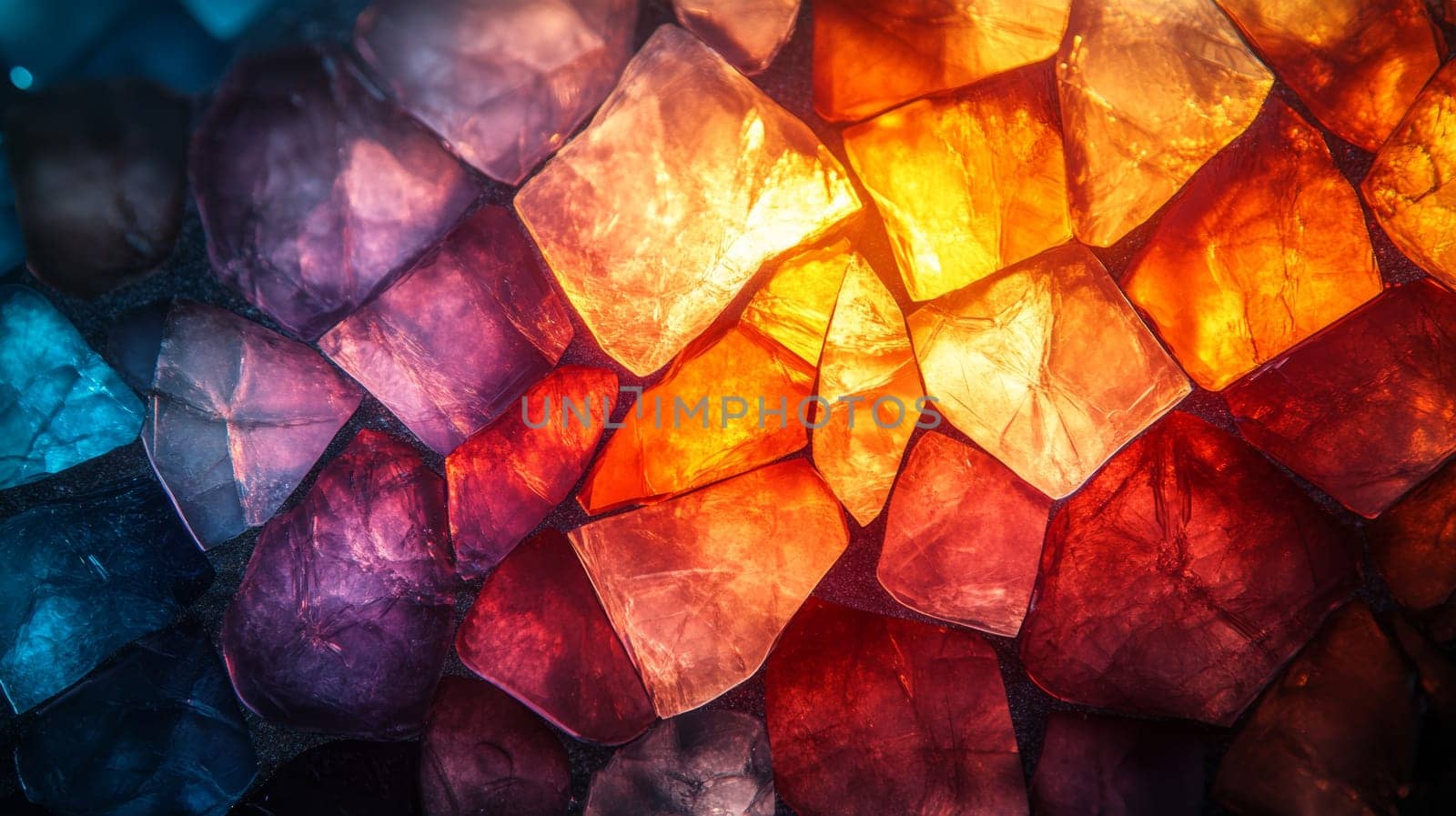 Close-up of colorful crystalline stones with glowing orange light.
