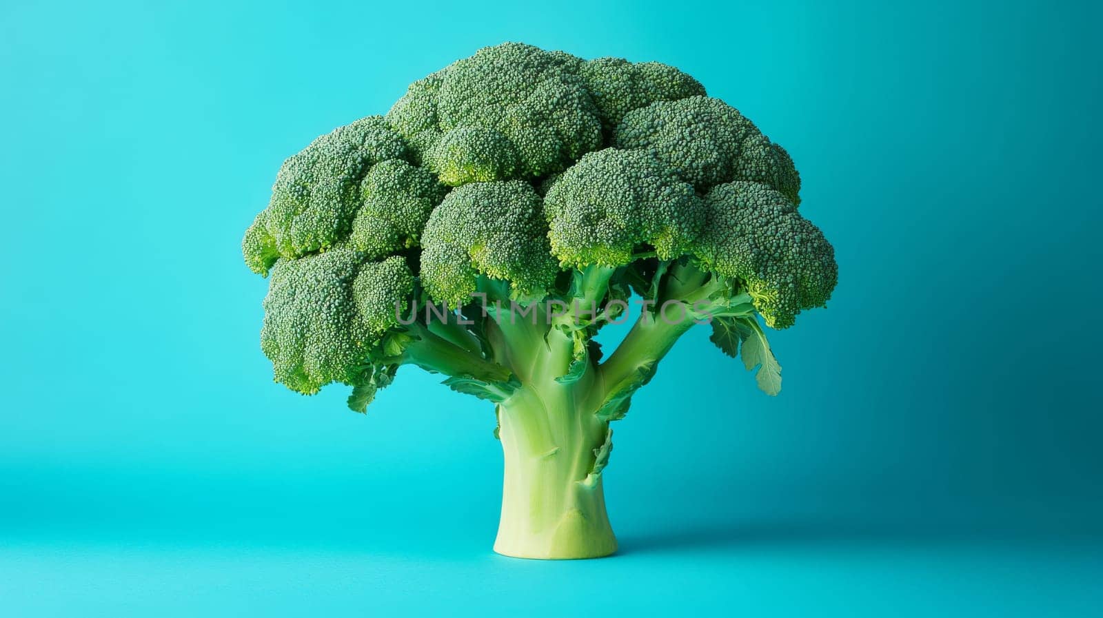 Fresh broccoli on turquoise background, minimalistic concept.