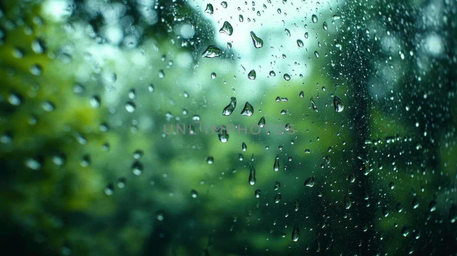 Rain droplets on window with blurred green background, rainy day serenity concept.