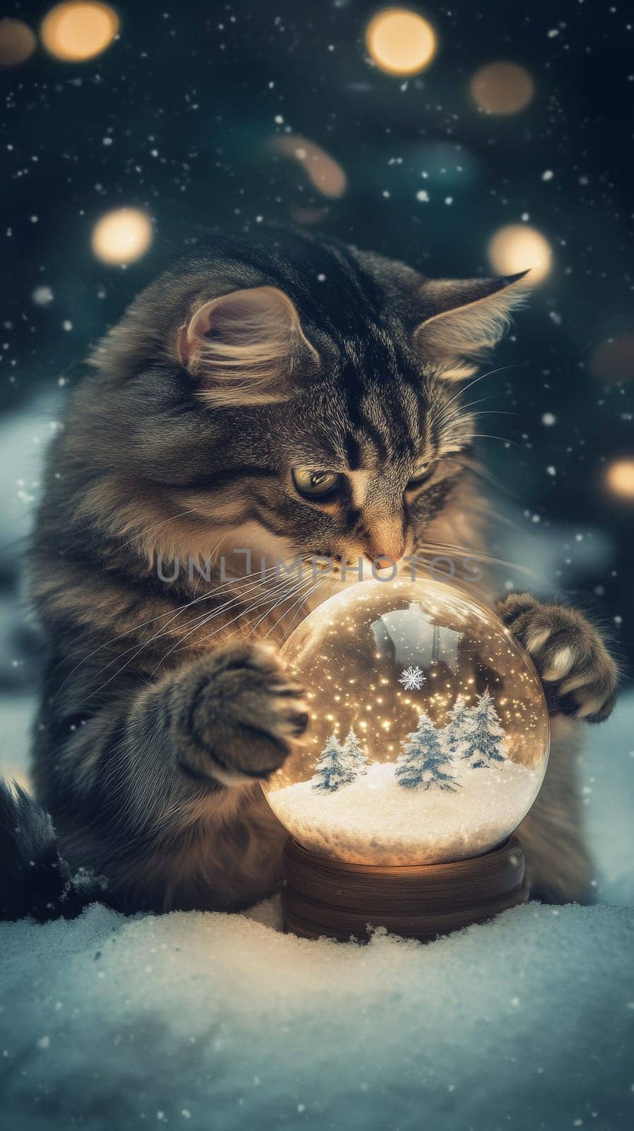 Cat gazing into a snow globe during snowfall, magical winter scene. Cozy holiday and curiosity concept.