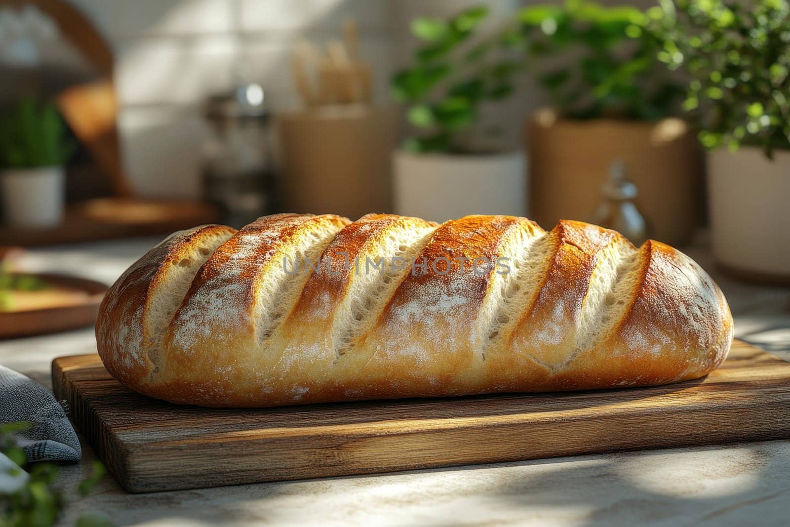 Freshly baked classic crusty baguette on a wooden board, soft beige background..