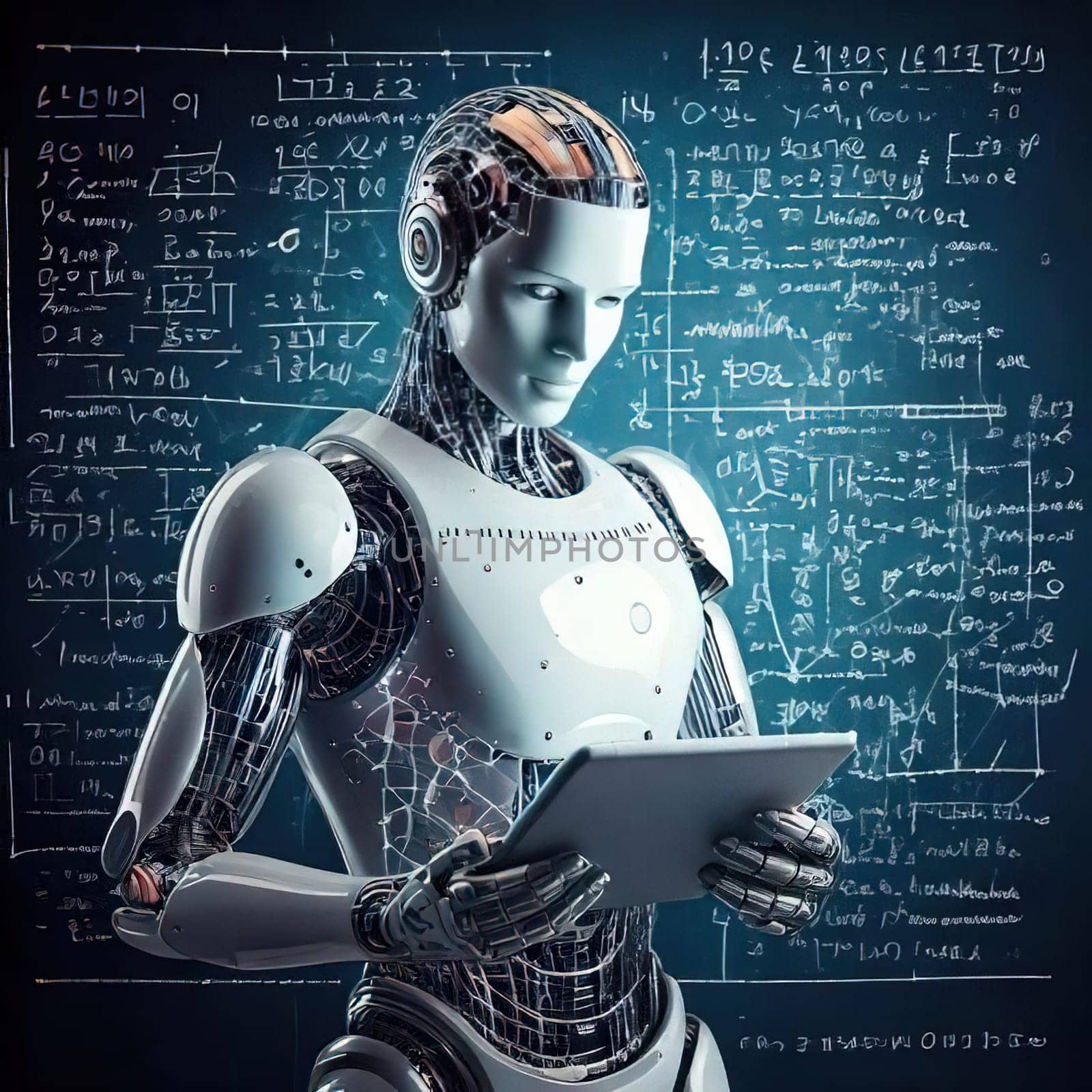 AI's Endless Pursuit of Knowledge.A humanoid robot, surrounded by complex mathematical equations and symbols, is engrossed in a tablet. This captivating image symbolizes AI's insatiable thirst for knowledge and its relentless exploration of the vast universe of information. The robot's focused gaze and the intricate patterns on the tablet hint at the depth and complexity of its intellectual pursuits.