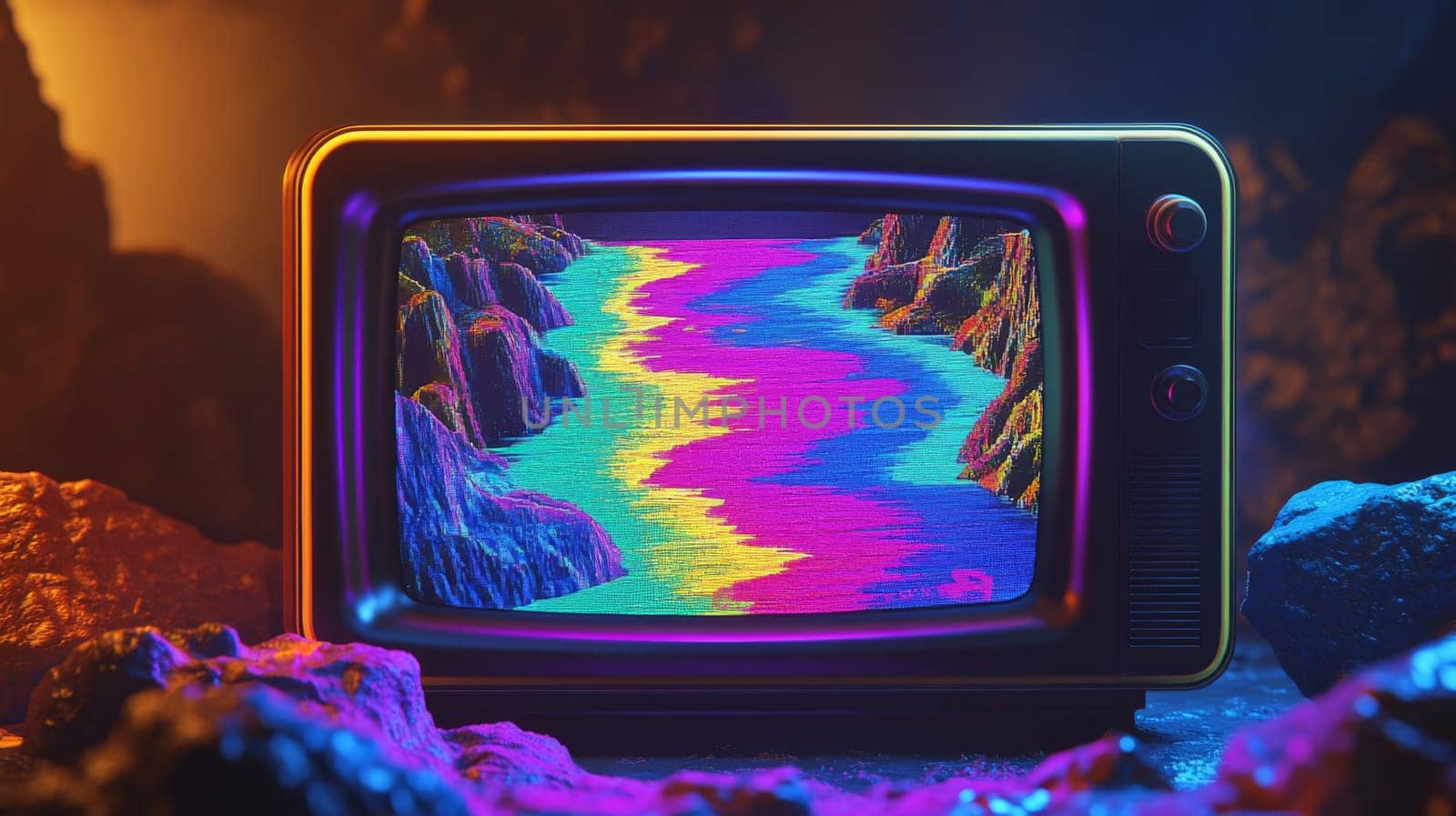 Retro television displaying colorful pixel art river scene, creative digital art concept.