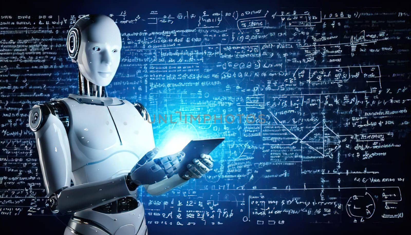 AI's Endless Pursuit of Knowledge.A humanoid robot, surrounded by complex mathematical equations and symbols, is engrossed in a tablet. This captivating image symbolizes AI's insatiable thirst for knowledge and its relentless exploration of the vast universe of information. The robot's focused gaze and the intricate patterns on the tablet hint at the depth and complexity of its intellectual pursuits.