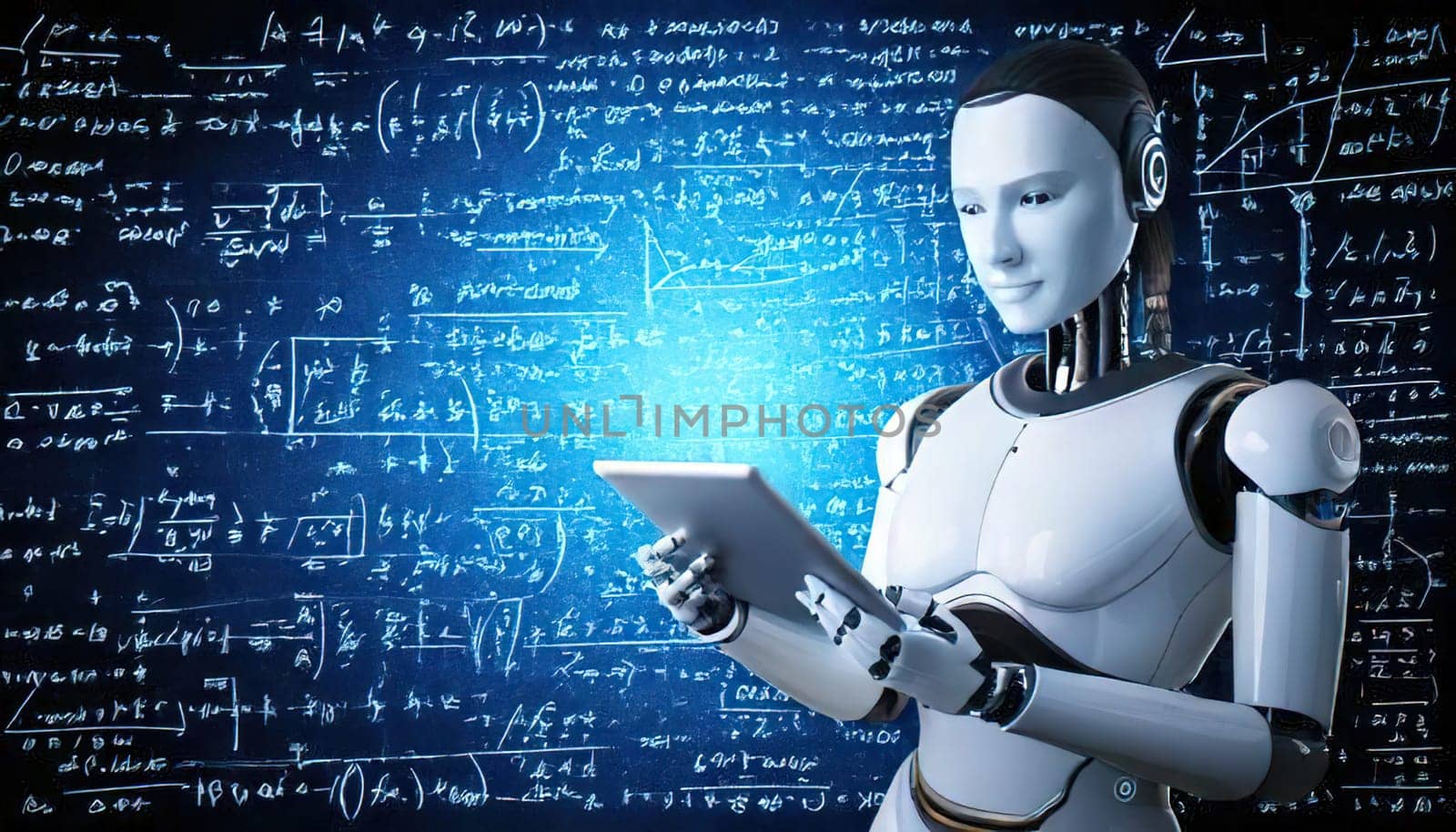 AI's Endless Pursuit of Knowledge.A humanoid robot, surrounded by complex mathematical equations and symbols, is engrossed in a tablet. This captivating image symbolizes AI's insatiable thirst for knowledge and its relentless exploration of the vast universe of information. The robot's focused gaze and the intricate patterns on the tablet hint at the depth and complexity of its intellectual pursuits.