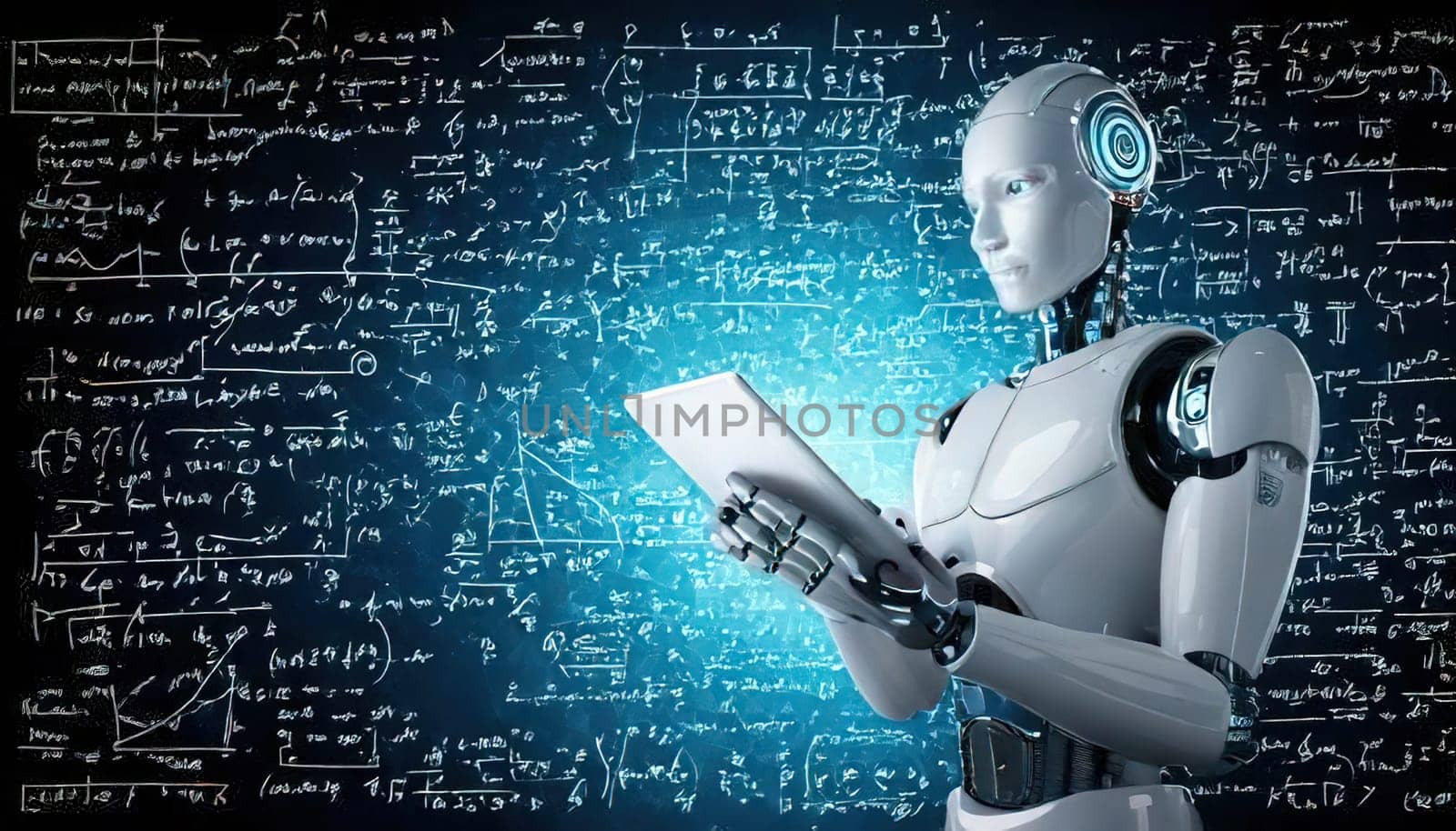 AI's Endless Pursuit of Knowledge.A humanoid robot, surrounded by complex mathematical equations and symbols, is engrossed in a tablet. This captivating image symbolizes AI's insatiable thirst for knowledge and its relentless exploration of the vast universe of information. The robot's focused gaze and the intricate patterns on the tablet hint at the depth and complexity of its intellectual pursuits.