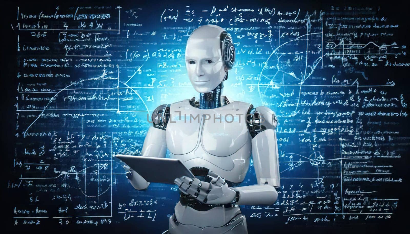AI's Endless Pursuit of Knowledge.A humanoid robot, surrounded by complex mathematical equations and symbols, is engrossed in a tablet. This captivating image symbolizes AI's insatiable thirst for knowledge and its relentless exploration of the vast universe of information. The robot's focused gaze and the intricate patterns on the tablet hint at the depth and complexity of its intellectual pursuits.