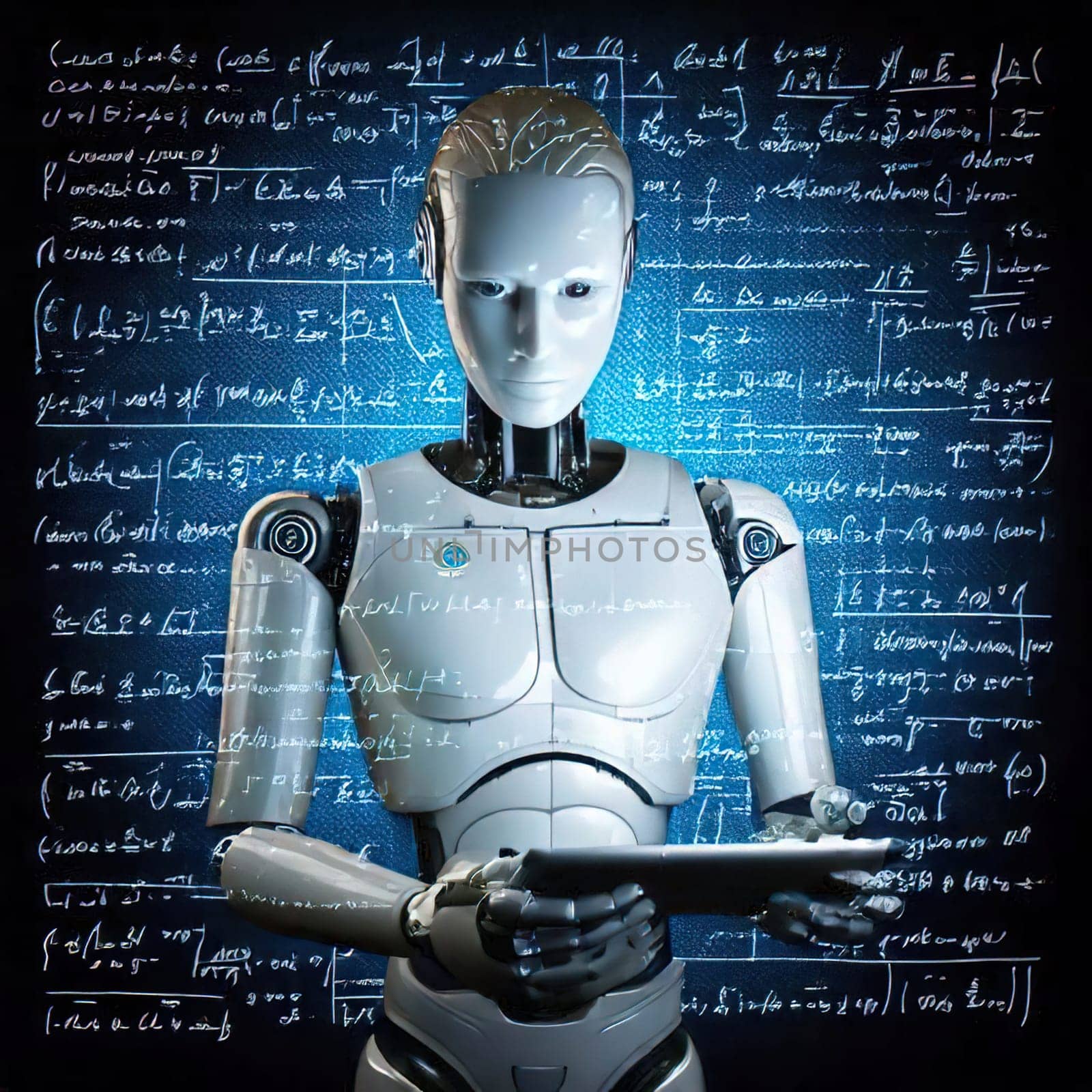 AI's Endless Pursuit of Knowledge.A humanoid robot, surrounded by complex mathematical equations and symbols, is engrossed in a tablet. This captivating image symbolizes AI's insatiable thirst for knowledge and its relentless exploration of the vast universe of information. The robot's focused gaze and the intricate patterns on the tablet hint at the depth and complexity of its intellectual pursuits.