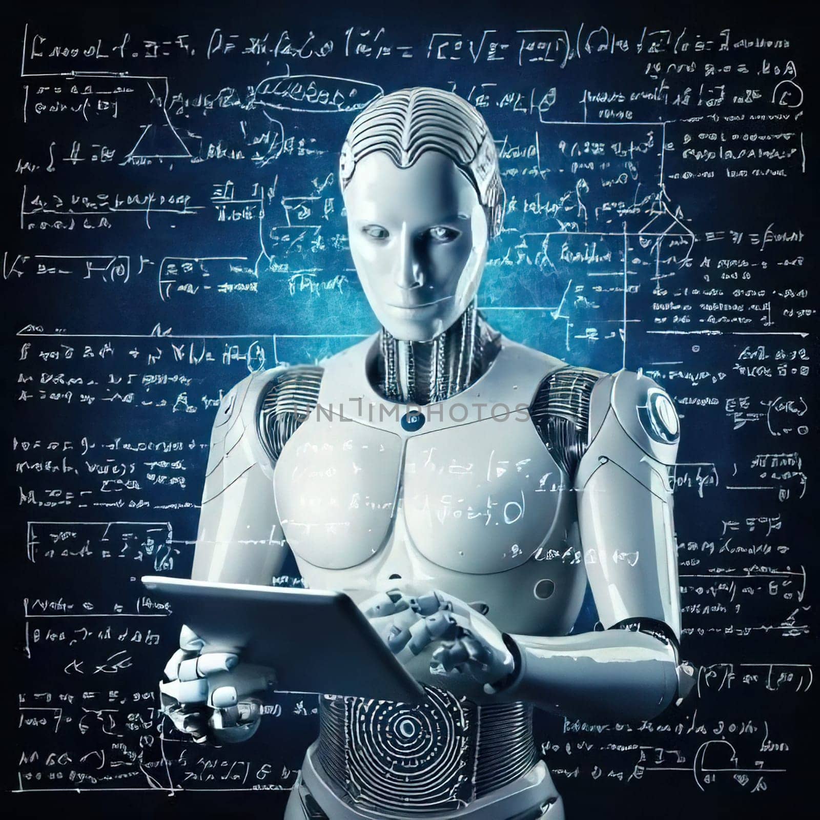 AI's Endless Pursuit of Knowledge.A humanoid robot, surrounded by complex mathematical equations and symbols, is engrossed in a tablet. This captivating image symbolizes AI's insatiable thirst for knowledge and its relentless exploration of the vast universe of information. The robot's focused gaze and the intricate patterns on the tablet hint at the depth and complexity of its intellectual pursuits.