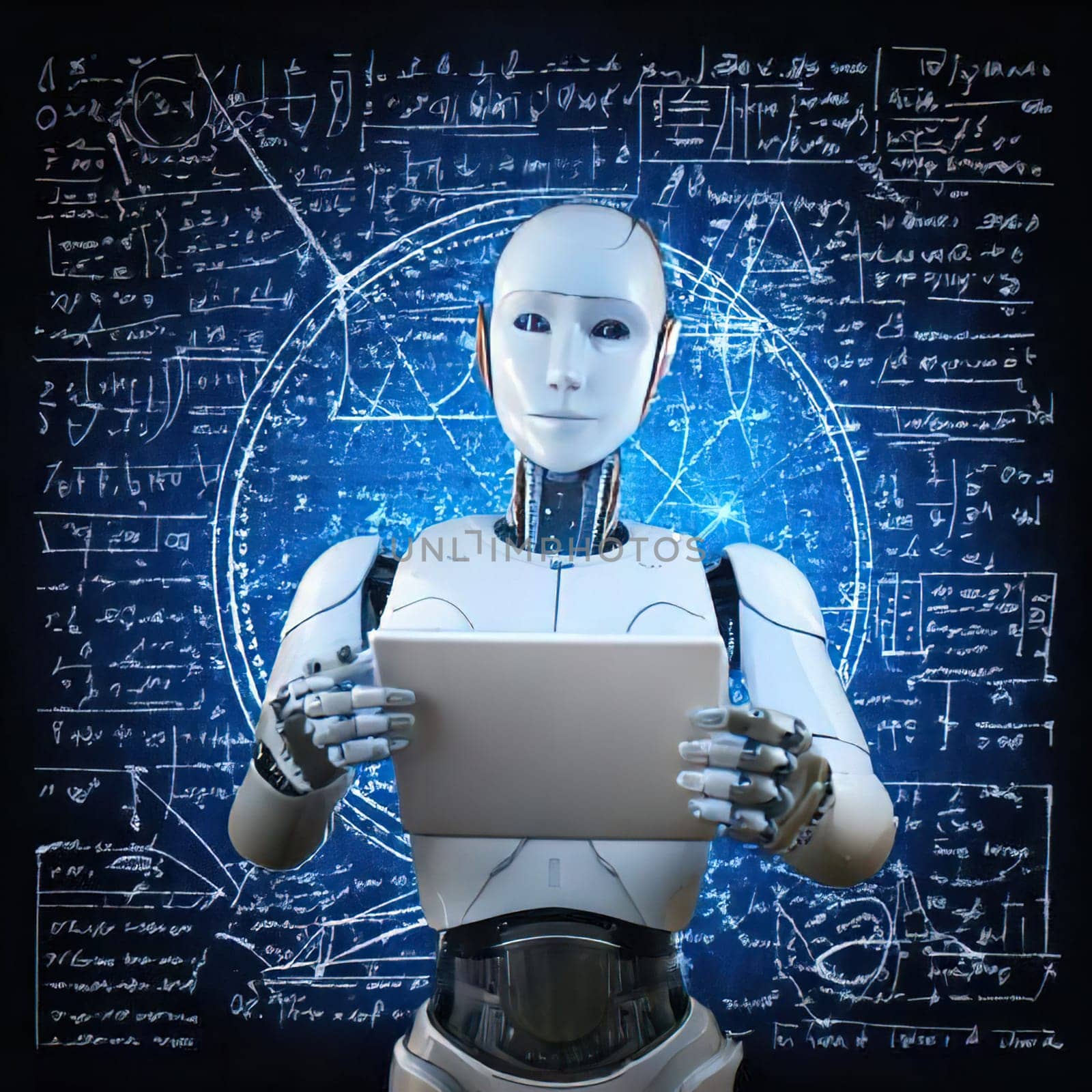 AI's Endless Pursuit of Knowledge.A humanoid robot, surrounded by complex mathematical equations and symbols, is engrossed in a tablet. This captivating image symbolizes AI's insatiable thirst for knowledge and its relentless exploration of the vast universe of information. The robot's focused gaze and the intricate patterns on the tablet hint at the depth and complexity of its intellectual pursuits.