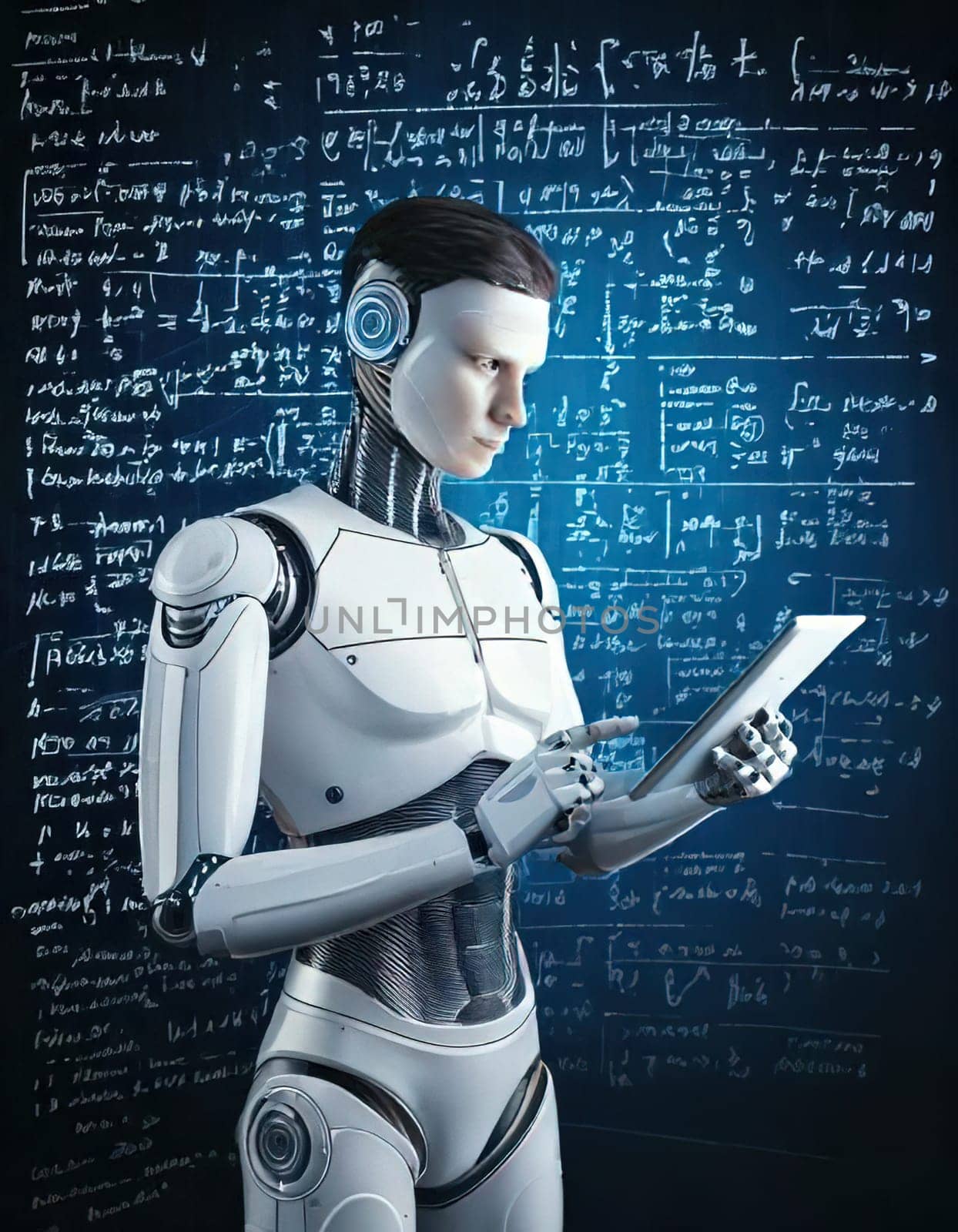 AI's Endless Pursuit of Knowledge.A humanoid robot, surrounded by complex mathematical equations and symbols, is engrossed in a tablet. This captivating image symbolizes AI's insatiable thirst for knowledge and its relentless exploration of the vast universe of information. The robot's focused gaze and the intricate patterns on the tablet hint at the depth and complexity of its intellectual pursuits.