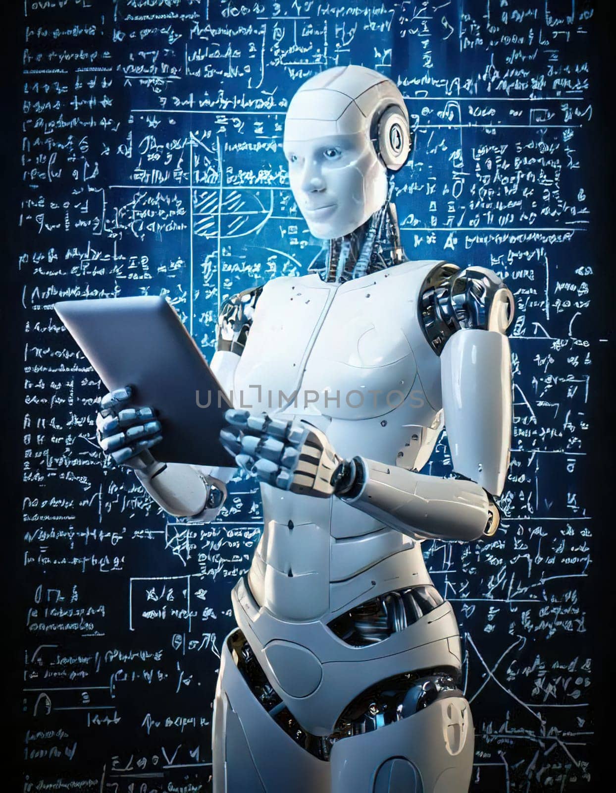 AI's Endless Pursuit of Knowledge.A humanoid robot, surrounded by complex mathematical equations and symbols, is engrossed in a tablet. This captivating image symbolizes AI's insatiable thirst for knowledge and its relentless exploration of the vast universe of information. The robot's focused gaze and the intricate patterns on the tablet hint at the depth and complexity of its intellectual pursuits.