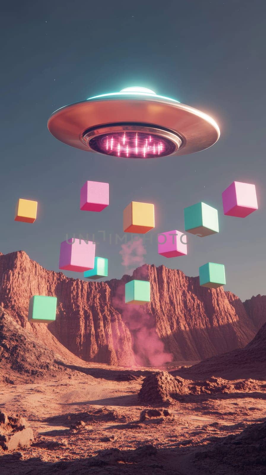 UFO hovering over desert landscape with floating colorful cubes, surreal concept.