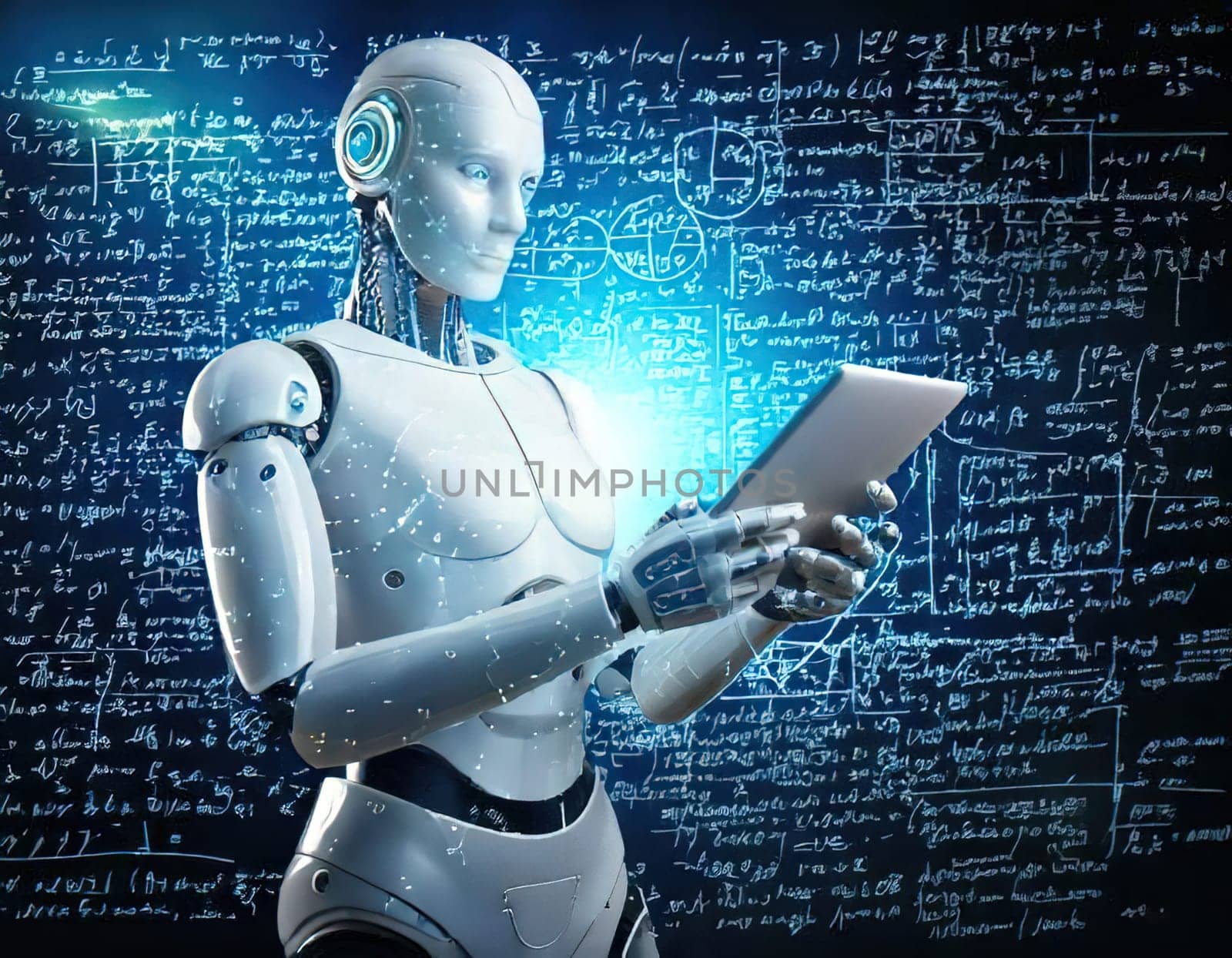 AI's Endless Pursuit of Knowledge.A humanoid robot, surrounded by complex mathematical equations and symbols, is engrossed in a tablet. This captivating image symbolizes AI's insatiable thirst for knowledge and its relentless exploration of the vast universe of information. The robot's focused gaze and the intricate patterns on the tablet hint at the depth and complexity of its intellectual pursuits.